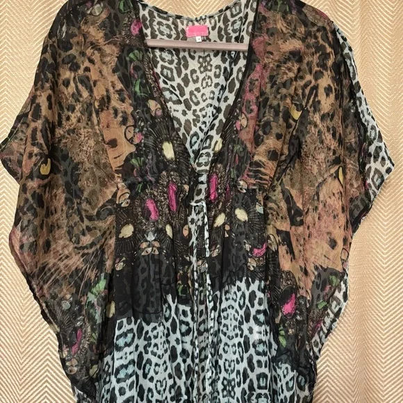 River Island Sheer Beach Coverup Robe, Kaftan, Size Med, Blue Leopard Print - Picture 2 of 7